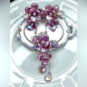 SOLD Handmade Premium Metallic S925 SS Pink Earrings & Pendant SET